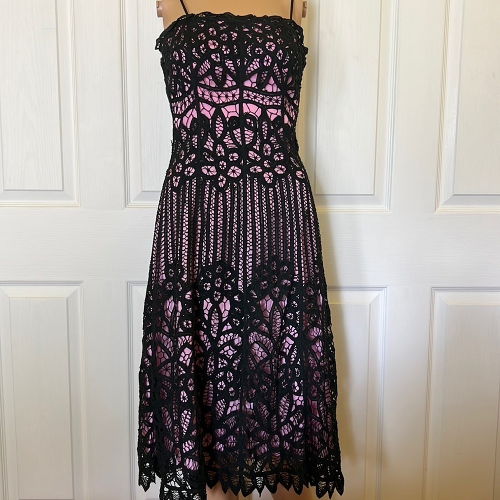 Betsy Johnson pink dress with black lace overlay. Adjustable straps sz2